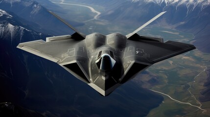 A stealth fighter jet flies over a mountain range, its sleek lines and powerful engines a testament to modern military technology.