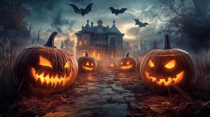 Lit Jack-o'-Lanterns Leading to a Haunted Mansion on a Foggy Halloween Night