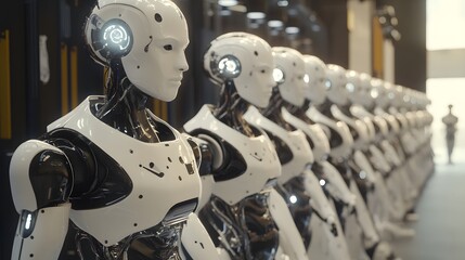 A high-tech robotics facility where humanoid robots are assembled and tested for various tasks