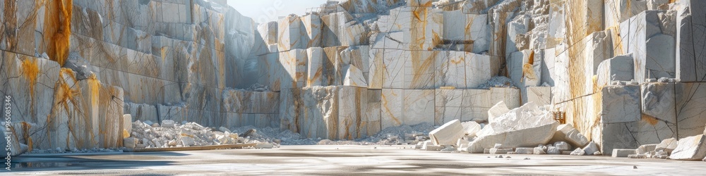 Wall mural large white marble rocks in a deserted quarry displaying smooth edges horizontal view of marble quar