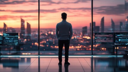 A person gazing at a stunning sunset over a city skyline, reflecting on possibilities and dreams from a modern office.