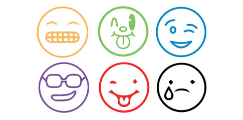 Set Of Cartoon Emoticons, Sketch Style Emoji With Different Emotions Vector Illustration.
