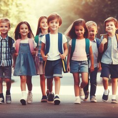 Obraz premium Smiling teenage boys and girls enjoying walk together, back to school concept