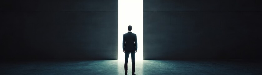 Fototapeta premium A person stands silhouetted against a bright doorway, symbolizing hope, opportunity, and the unknown in a mysterious environment.