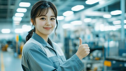 工場でいいねポーズをする女性01