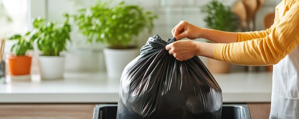 A person ties a black garbage bag filled with waste in a clean kitchen with plants, promoting cleanliness and waste management.