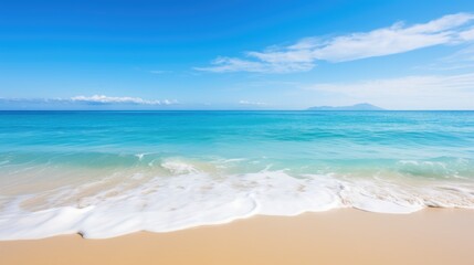 A tranquil scene of a pristine beach with crystal-clear turquoise water gently lapping at the shore.