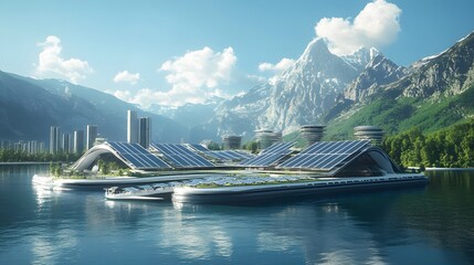 Obraz premium A concept of a floating solar farm powering a futuristic coastal city