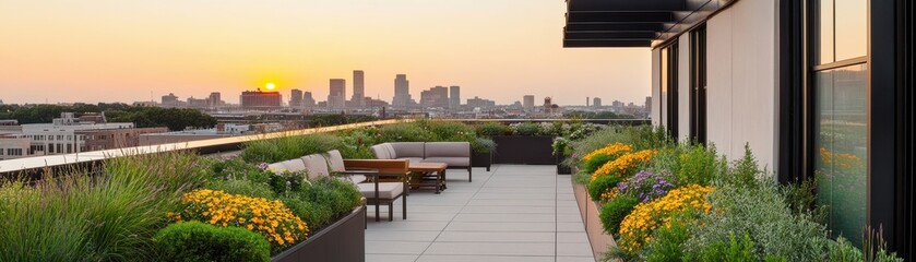 Fototapeta premium A picturesque rooftop garden at sunset, showcasing vibrant flowers and city skyline views, perfect for urban relaxation.