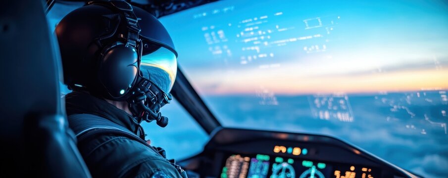 A pilot operates an aircraft, showcasing advanced cockpit technology and breathtaking views of the sky.