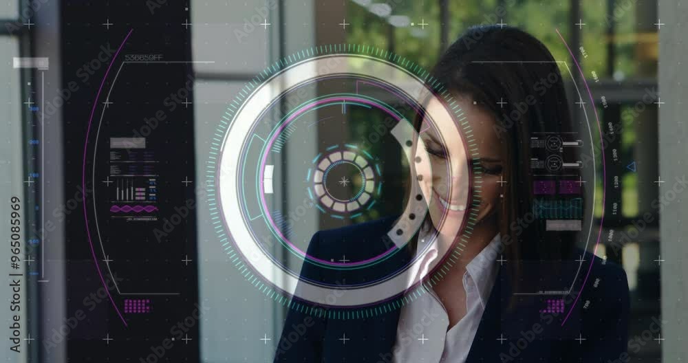 Poster animation of data processing and scope scanning over caucasian woman using smartphone