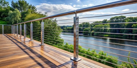 Stainless steel cables form a taut and modern deck railing, stretching from post to post with a sleek