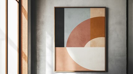 Abstract Geometric Artwork in a Wooden Frame on a Textured Wall