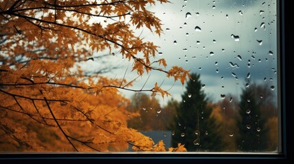 A windowpane covered in raindrops, with a blurred view of fall foliage outside.
