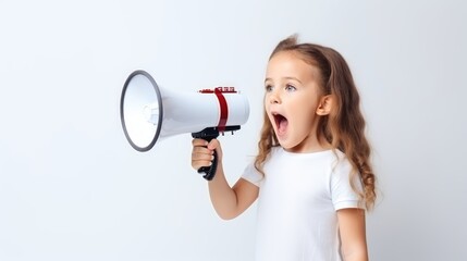 Naklejka premium A young girl with long brown hair holds a megaphone to her mouth and looks surprised. She is wearing a white t-shirt.
