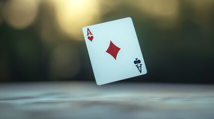 A playing card with the ace of hearts and ace of spades floating above a wooden table in soft sunlight during late afternoon