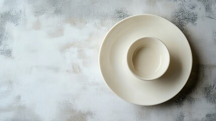 An empty white bowl on a white plate on a grey background.