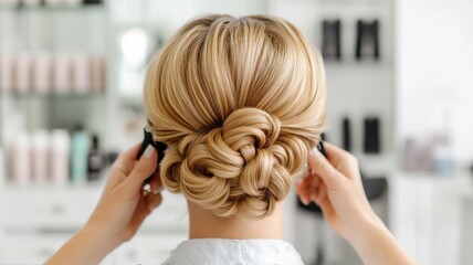 Fototapeta premium A stylish close-up of a woman adjusting her elegant blonde updo in a modern salon setting.