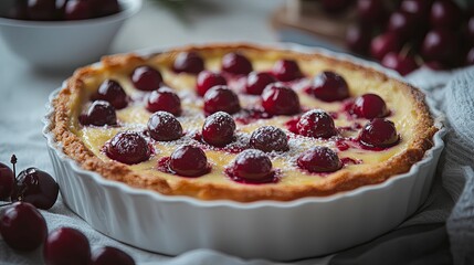 Cherry Tart with Powdered Sugar and Custard Filling
