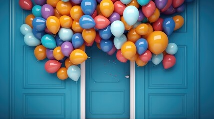 Obraz premium Colorful balloons float in front of a blue door, creating a festive and celebratory atmosphere.