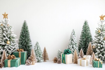 studio digital backdrop, a modern Christmas theme, white seamless paper backdrop, featuring a minimalist simple design, Christmas trees, AI Generative