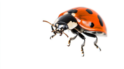 A close-up of a ladybug with vibrant red and black markings against a white background in a studio setting