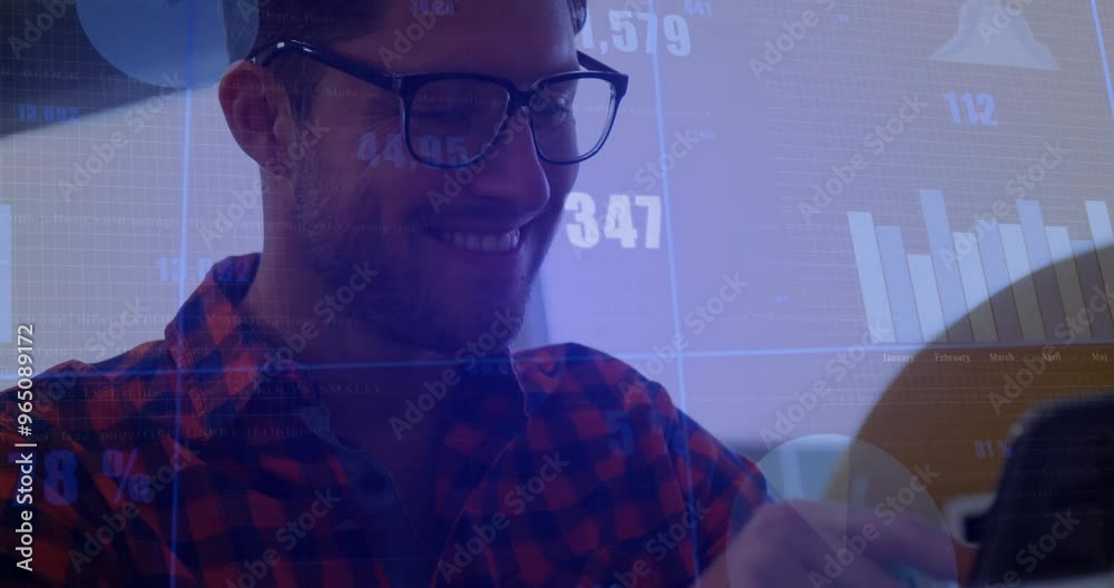Poster animation of diagrams and data processing over caucasian businessman using smartphone