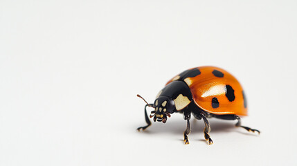 Fototapeta premium A close-up view of a ladybug crawling on a light surface in a relaxed environment, showcasing its vibrant colors and unique spots