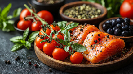 Fresh salmon fillets with tomatoes and herbs.