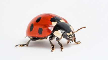 Fototapeta premium A close-up view of a ladybug on a neutral background showcasing its vivid red shell and distinctive black spots