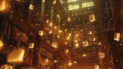 Obraz premium Enchanting Illuminated Library with Glowing Candles and Ornate Wooden Bookshelves