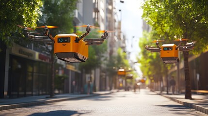 Obraz premium A smart city street where autonomous delivery drones transport goods to homes and businesses