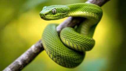 Naklejka premium A vibrant green snake coiled on a branch, showcasing its intricate scales and serene environment. Perfect for nature enthusiasts.