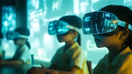 A futuristic school where children learn through virtual reality and AI-assisted lessons