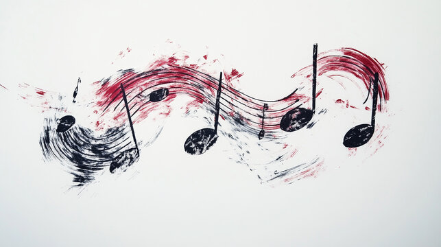Artistic representation of musical notes painted in red and black on a white background, showcasing creativity and rhythm in design