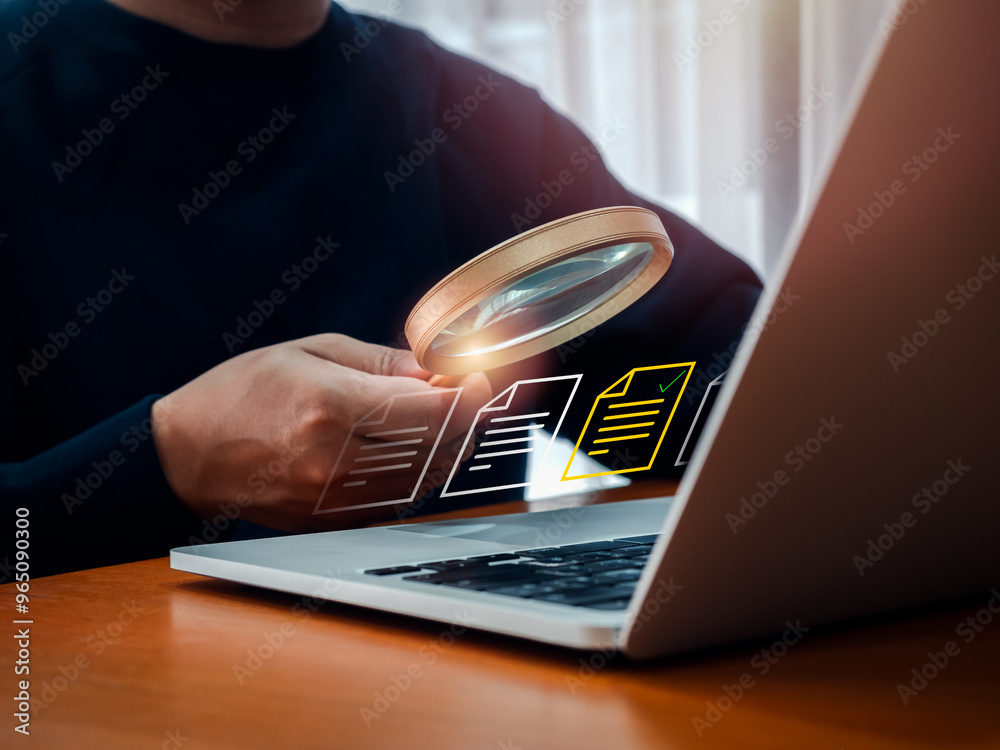 Poster electronic document check and data information searching online, files manager concept. yellow docum