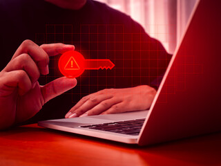 Scammer scam, digital identity theft, cybercrime online concept. Digital key with warning sign...