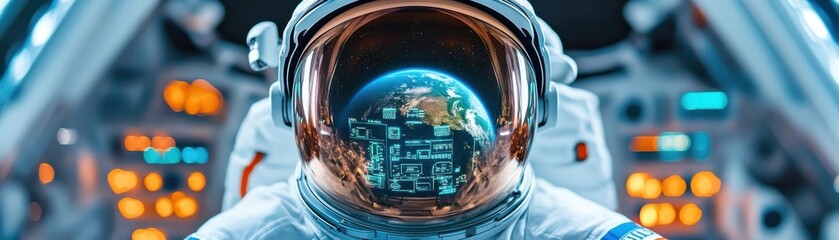 Fototapeta premium An astronaut gazes at Earth from inside a spacecraft, showcasing the beauty and fragility of our planet from space.