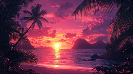 Obraz premium Vibrant Tropical Sunset Over Picturesque Beach Landscape with Palm Trees and Glowing Horizon