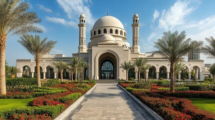 White Mosque with Palm Trees and Red Flowers