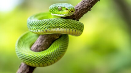 Obraz premium Close-up of a vibrant green snake resting on a branch in a lush green environment, showcasing its striking scales and eyes.