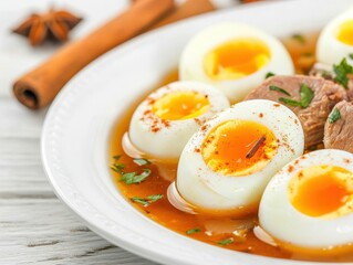 Delicious soft-boiled eggs served in flavorful broth, garnished with herbs and spices for a gourmet experience.