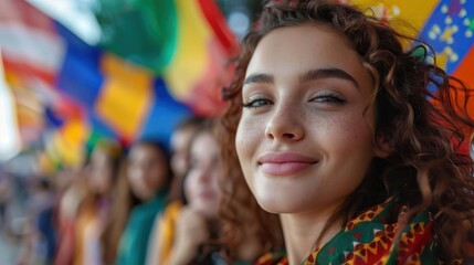 Obraz premium A joyful woman smiles warmly at a vibrant celebration with colorful flags in the background, radiating happiness and positivity.