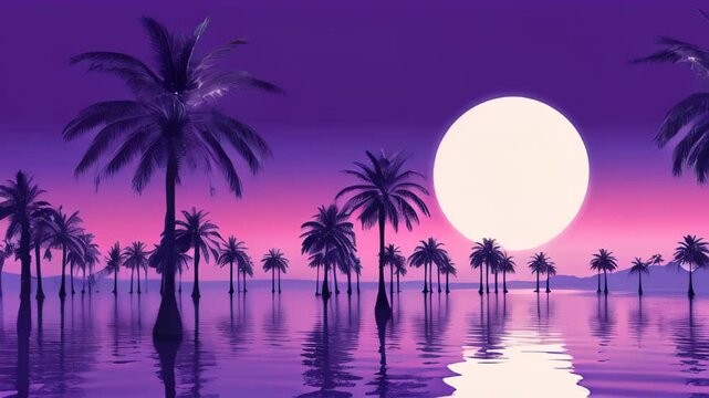 Tropical palm trees at sunset in a futuristic 80s style. Summer time, palm trees in synthwave and retrowave style. Design of advertising booklets and banners