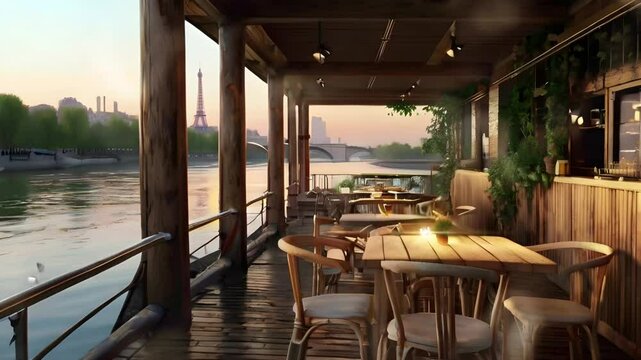A comfortable atmosphere in an aesthetic cafe restaurant on the banks of a large river with a view of the Eiffel Tower at sunset. Seamless 4K looping timelapse video animation background