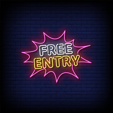 free entry neon sign vector with brick wall background 