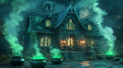 Fototapeta premium An Eerie Stone House Surrounded by Green Smoke and Cauldrons