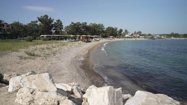 View of beach and sea at Port Skala Prinos, Prinos, Thassos, Aegean Sea, Greek Islands, Greece, Europe