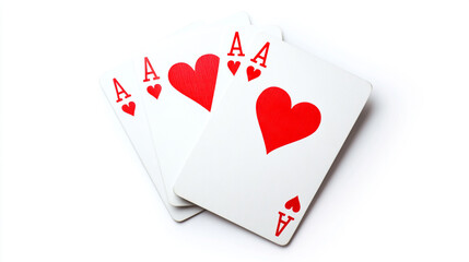 Obraz premium Three playing cards displaying the Ace of Hearts showcased on a white background for a clean and vibrant look