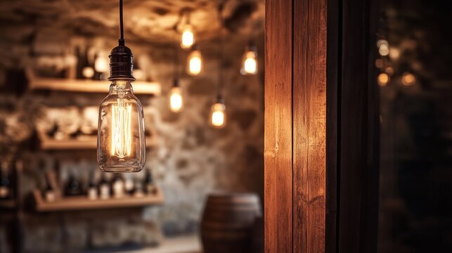 Vintage Edison Bulbs Illuminate a Cozy Wine Cellar at Night